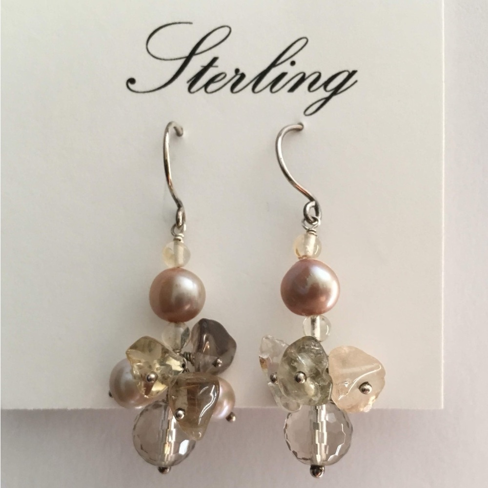 New Sterling Silver Cluster Drop Earrings w/ Smoky Quartz, Pearls & Citrine gems